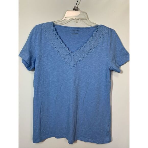Talbots Women's Cotton Blend Short Sleeve Lace Trim V-Neck Tee Blue Size Small - Picture 1 of 6